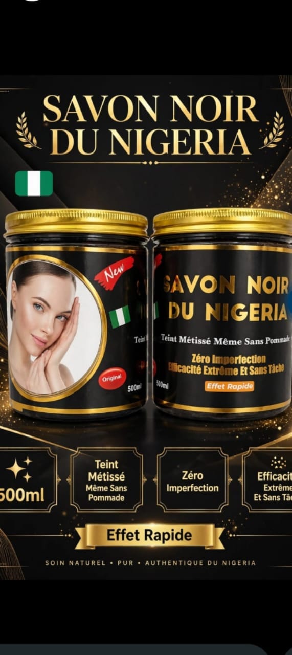 Pots de savon noir du Nigeria dans un visuel noir et or